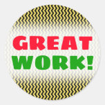 [ Thumbnail: "Great Work!" + Yellow & Black Wavy Line Pattern Round Sticker ]