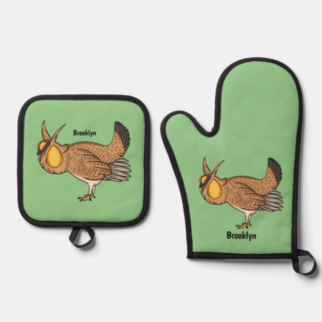 Greater prairie chicken cartoon illustration oven mitt & pot holder set (Front)