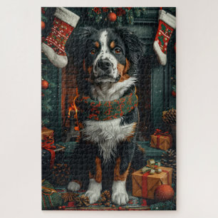 Greater Swiss Dog With Christmas Gifts Fireplace Jigsaw Puzzle