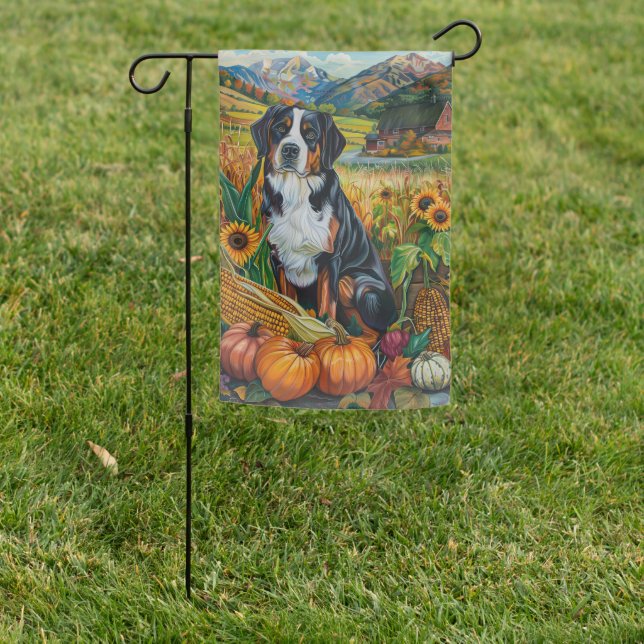 Greater Swiss Mountain Autumn Harvest Thanksgiving Garden Flag (In SItu)