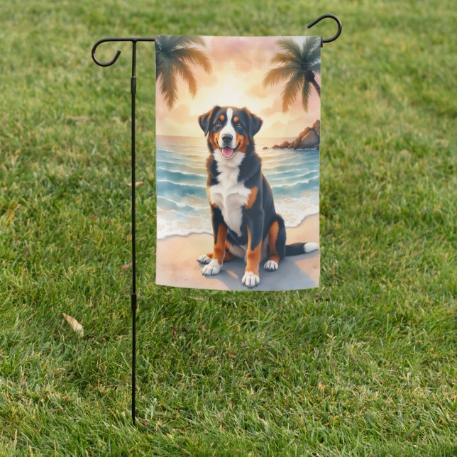 Greater Swiss Mountain Dog Beach Sunset Garden Flag (In SItu)