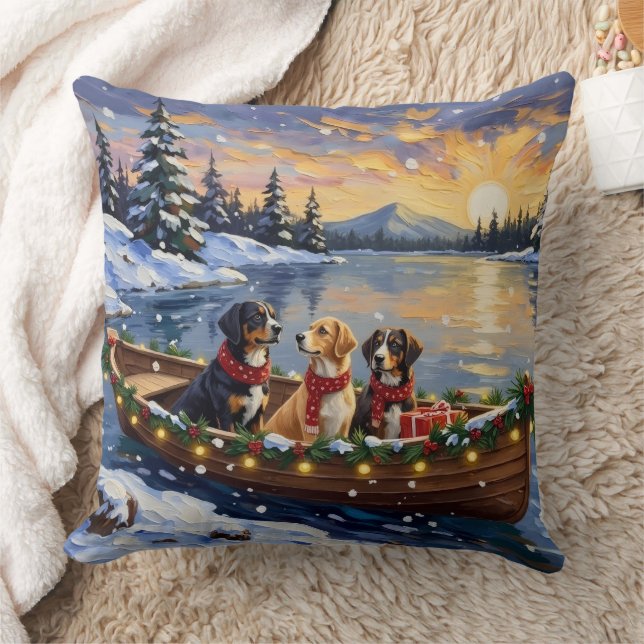 Greater Swiss Mountain Dog Christmas Boat Holiday Throw Pillow (Blanket)
