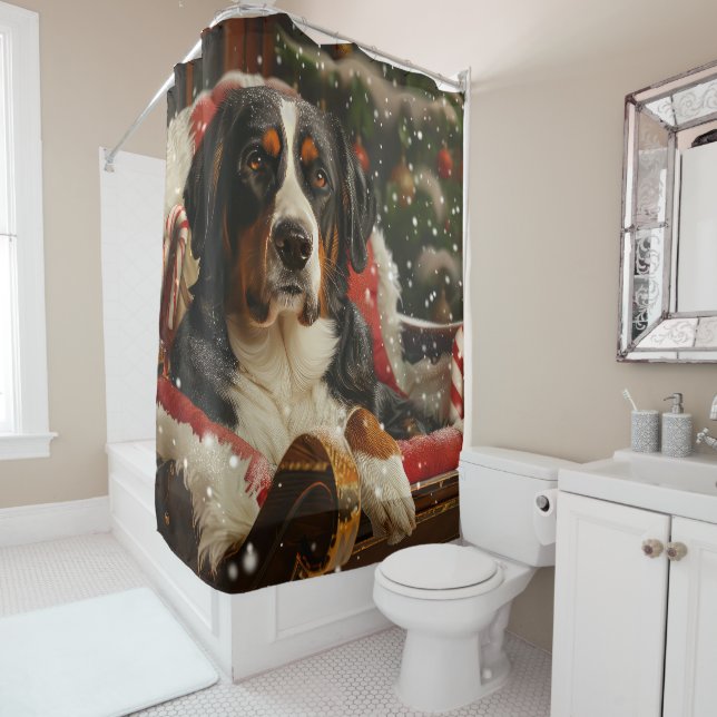 Greater Swiss Mountain Dog Christmas Festive Shower Curtain (In Situ)