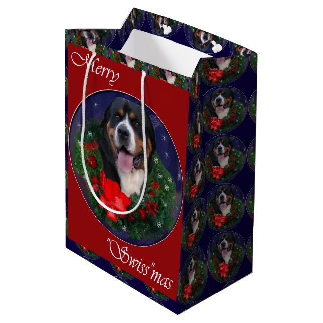 Greater Swiss Mountain Dog Christmas Medium Gift Bag (Back Angled)