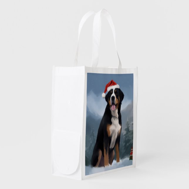 Greater Swiss Mountain Dog in Snow Christmas  Grocery Bag (Front Side)