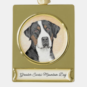 Greater Swiss Mountain Dog Painting - Original Art Gold Plated Banner Ornament