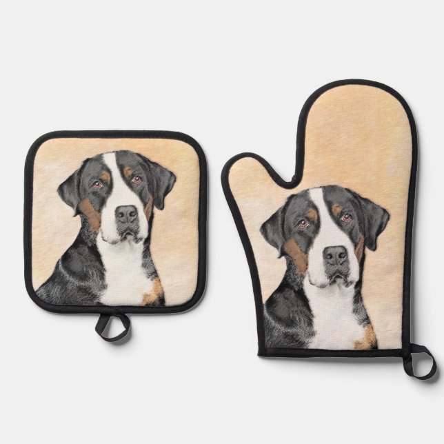 Greater Swiss Mountain Dog Painting Original Art Oven Mitt & Pot Holder Set (Front)