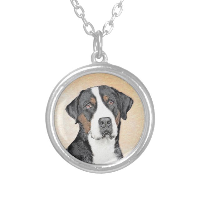 Greater Swiss Mountain Dog Painting - Original Art Silver Plated Necklace (Front)