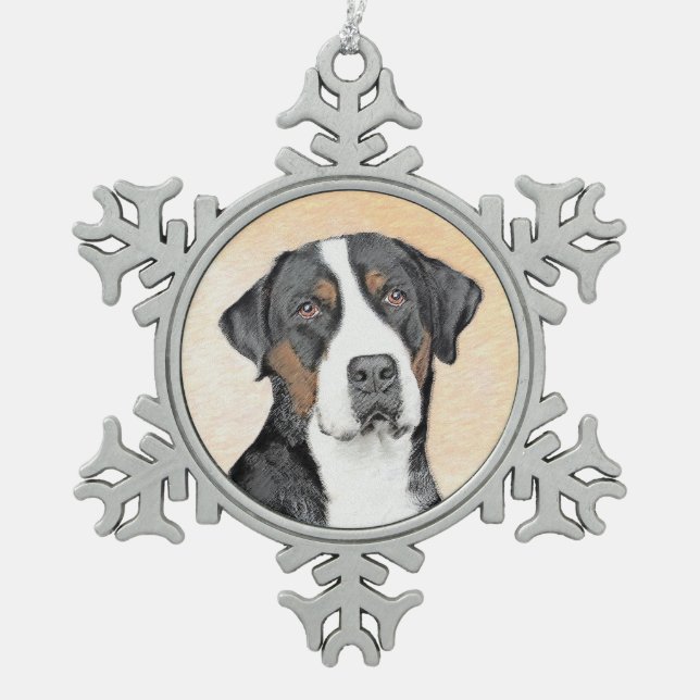 Greater Swiss Mountain Dog Painting - Original Art Snowflake Pewter Christmas Ornament (Front)