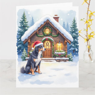 Greater Swiss Mountain Dog Snowy Cabin Santa Hat Card