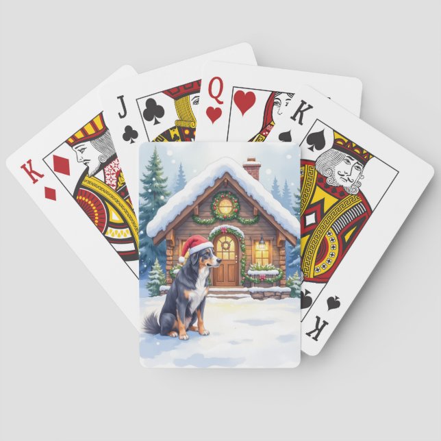 Greater Swiss Mountain Dog Snowy Cabin Santa Hat Poker Cards (Back)