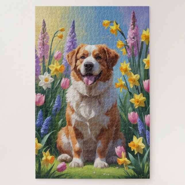 Greater Swiss Mountain Dog Spring Flowers Painting Jigsaw Puzzle (Vertical)