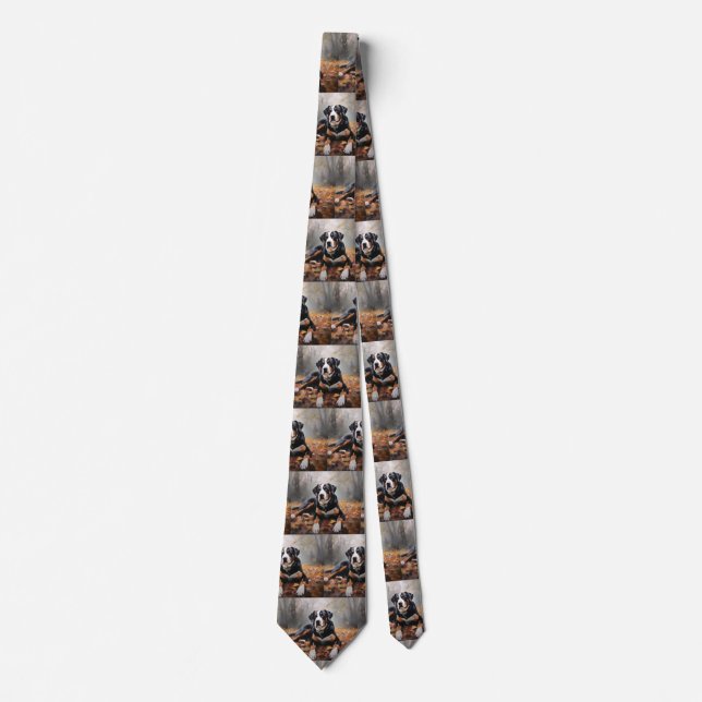 Greater Swiss Mountain  in Autumn Leaves Fall Neck Tie (Front)