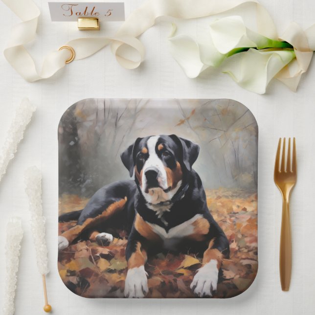 Greater Swiss Mountain  in Autumn Leaves Fall Paper Plates (Wedding)