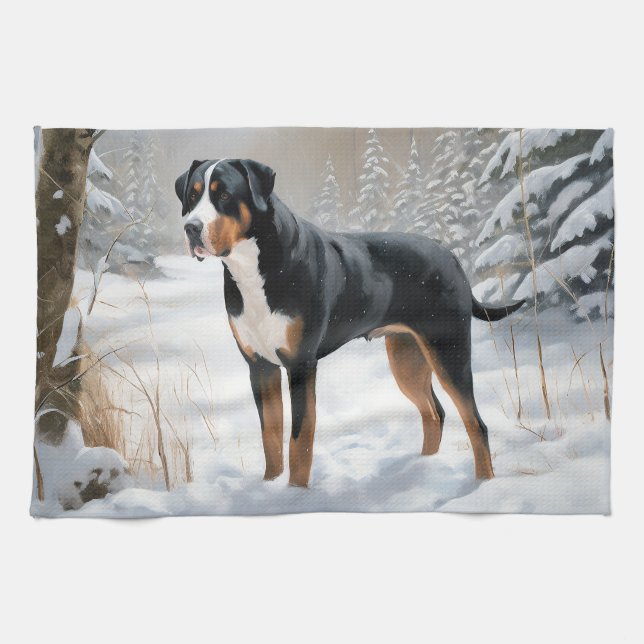 Greater Swiss Mountain Let It Snow Christmas Kitchen Towel (Horizontal)