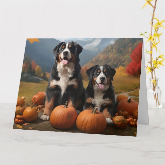 Greater Swiss Mountain Pup Autumn Delight Pumpkin Card (Yellow Flower)