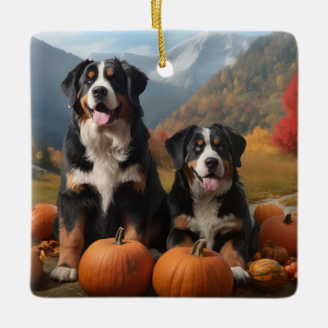 Greater Swiss Mountain Pup Autumn Delight Pumpkin Ceramic Ornament (Front)
