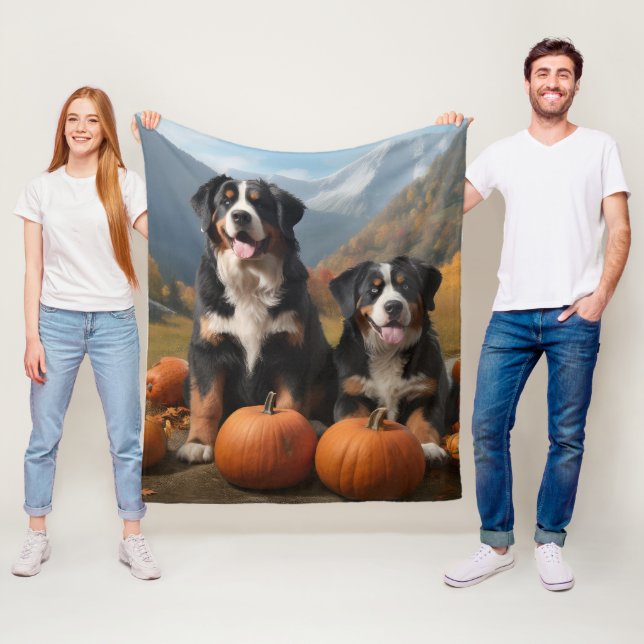 Greater Swiss Mountain Pup Autumn Delight Pumpkin Fleece Blanket (In Situ)