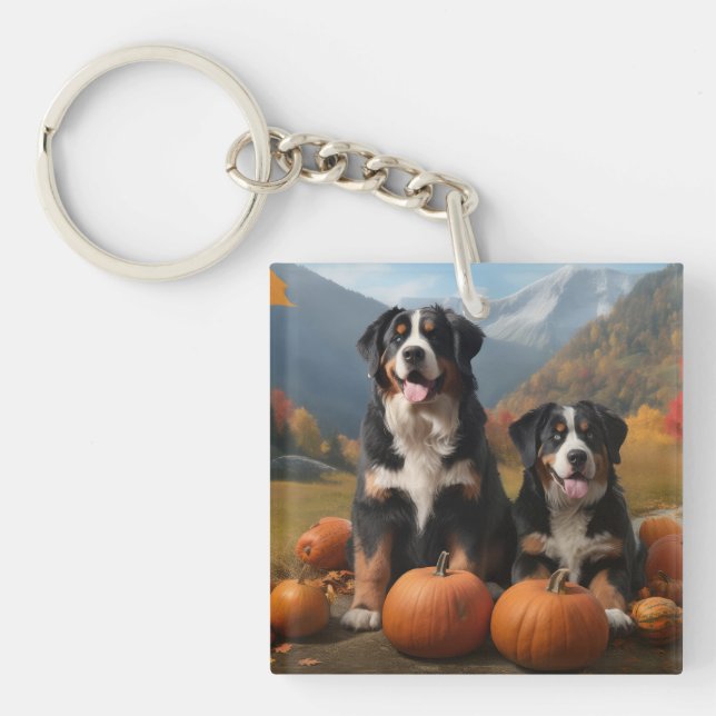 Greater Swiss Mountain Pup Autumn Delight Pumpkin Keychain (Front)