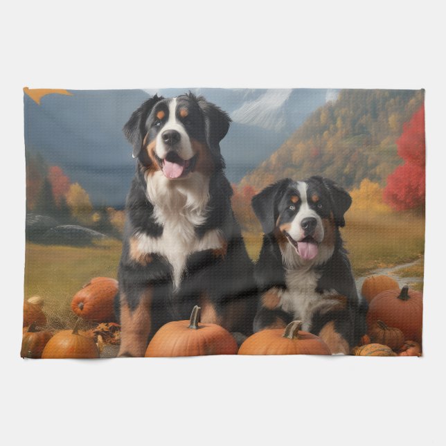 Greater Swiss Mountain Pup Autumn Delight Pumpkin Kitchen Towel (Horizontal)