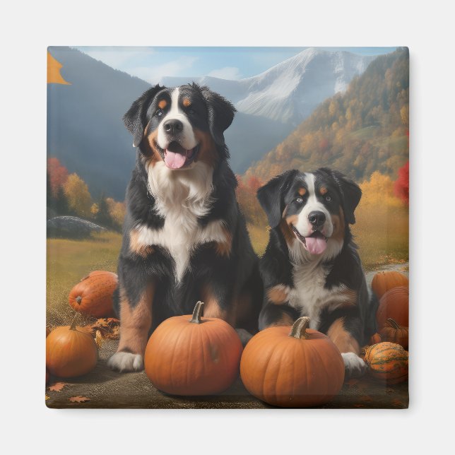 Greater Swiss Mountain Pup Autumn Delight Pumpkin Magnet (Front)