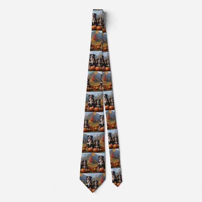 Greater Swiss Mountain Pup Autumn Delight Pumpkin Neck Tie (Front)