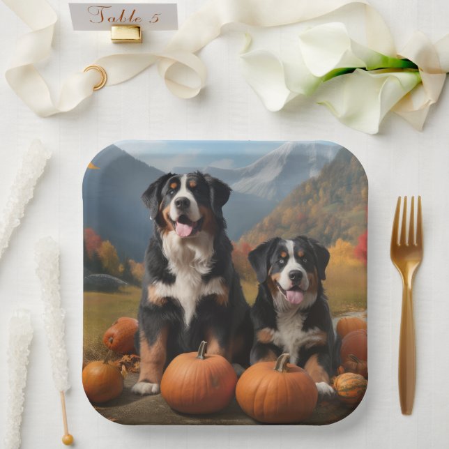 Greater Swiss Mountain Pup Autumn Delight Pumpkin Paper Plates (Wedding)