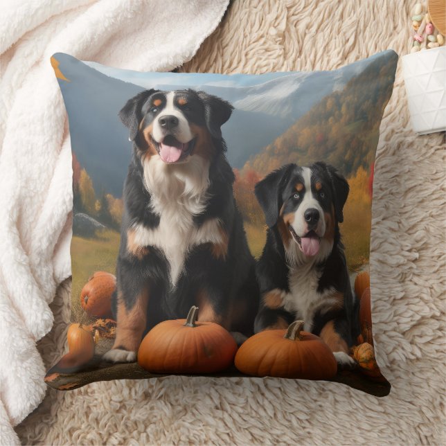 Greater Swiss Mountain Pup Autumn Delight Pumpkin Throw Pillow (Blanket)