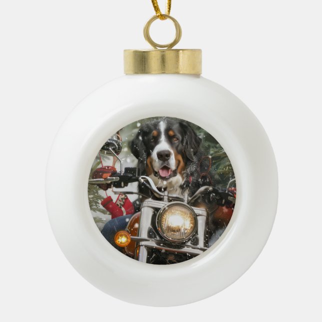 Greater Swiss Mountain Riding Motorcycle Christmas Ceramic Ball Christmas Ornament (Front)