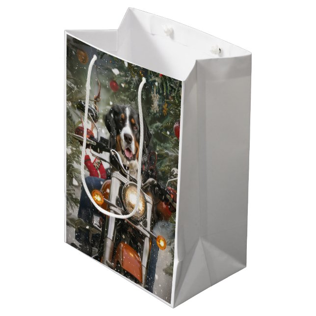 Greater Swiss Mountain Riding Motorcycle Christmas Medium Gift Bag (Front Angled)
