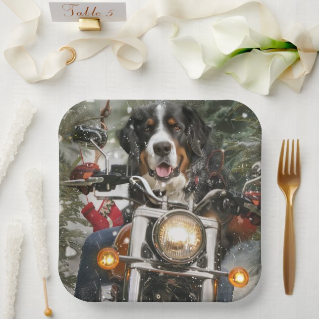 Greater Swiss Mountain Riding Motorcycle Christmas Paper Plates (Wedding)