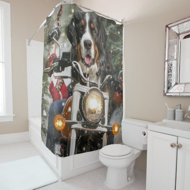 Greater Swiss Mountain Riding Motorcycle Christmas Shower Curtain (In Situ)
