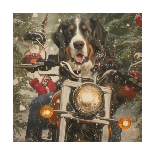 Greater Swiss Mountain Riding Motorcycle Christmas Wood Wall Art (Front)