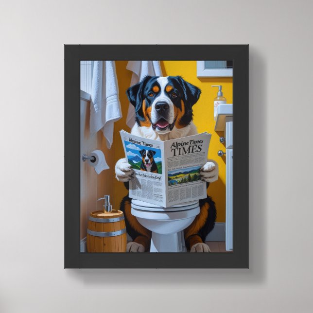 Greater Swiss Mountain Sitting On Toilet Funny  Framed Art (Framed Front)