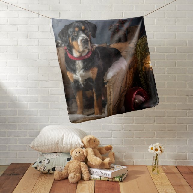 Greater Swiss Mountain Snowy Sleigh Christmas  Baby Blanket (In Situ)