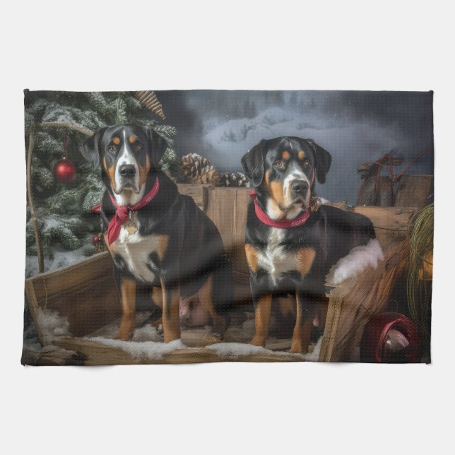 Greater Swiss Mountain Snowy Sleigh Christmas  Kitchen Towel (Horizontal)