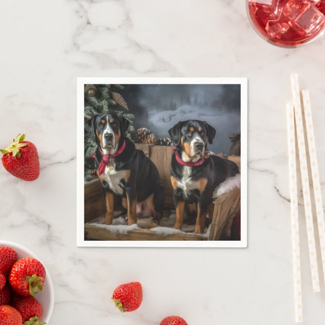 Greater Swiss Mountain Snowy Sleigh Christmas  Napkins (Insitu)