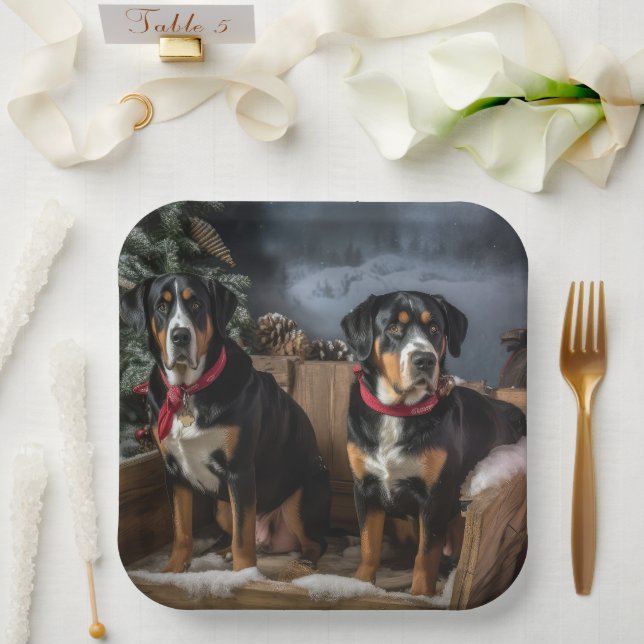 Greater Swiss Mountain Snowy Sleigh Christmas  Paper Plates (Wedding)