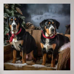 Greater Swiss Mountain Snowy Sleigh Christmas Poster