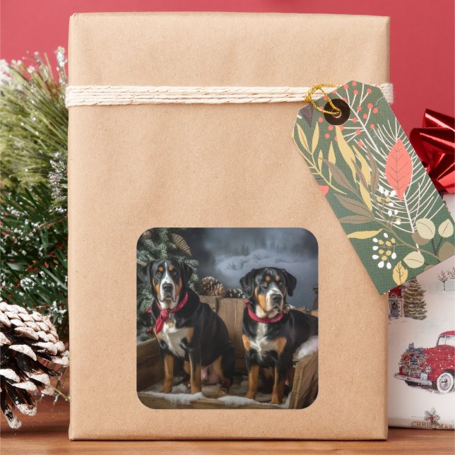 Greater Swiss Mountain Snowy Sleigh Christmas  Square Sticker (Holiday)