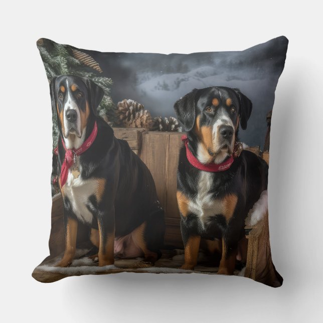 Greater Swiss Mountain Snowy Sleigh Christmas  Throw Pillow (Front)