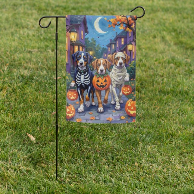 Greater Swiss Mountain Trick-or-Treating Halloween Garden Flag (In SItu)