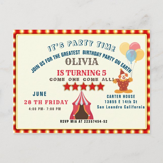 GREATEST 5TH BIRTHDAY PARTY CIRCUS THEME POSTCARD (Front)