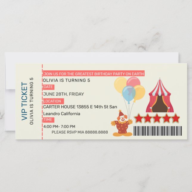 GREATEST 5TH Birthday Party Circus THEME VIP PASS (Front)