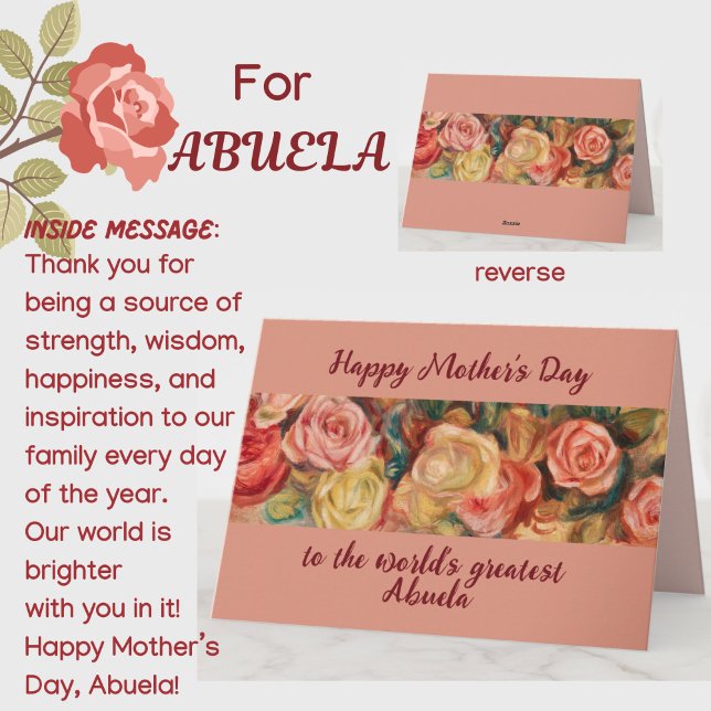 'Greatest Abuela' Mother's Day Spanish Grandmother Card (A beautiful floral roses Mother's Day card for your special Spanish Abuela grandma! Customizable.)