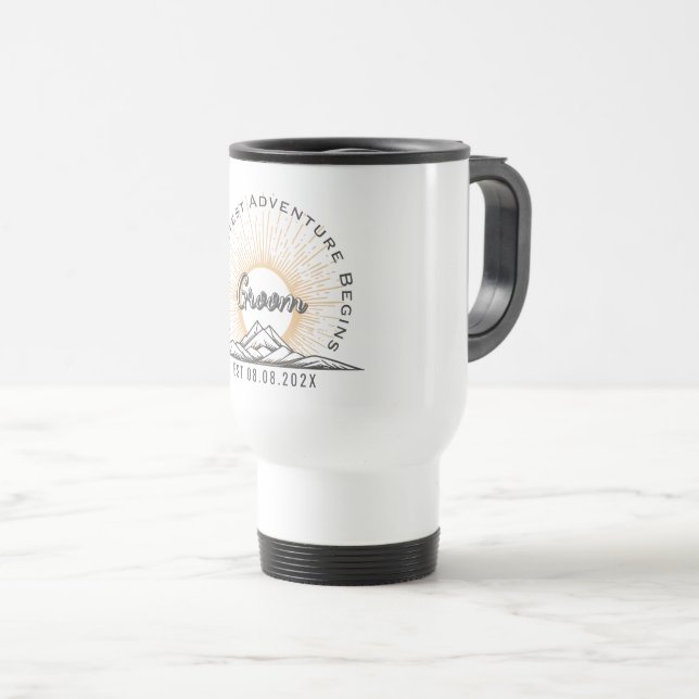 Greatest Adventure Begins Retro Mountain Wedding Travel Mug (Front Right)
