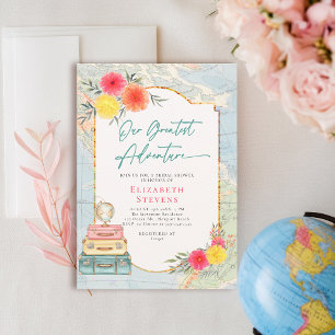 Greatest Adventure Floral Pink Teal Travel Bridal Invitation