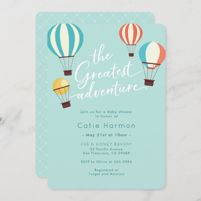 Greatest Adventure Hot Air Balloon Baby Shower Invitation (Front/Back)