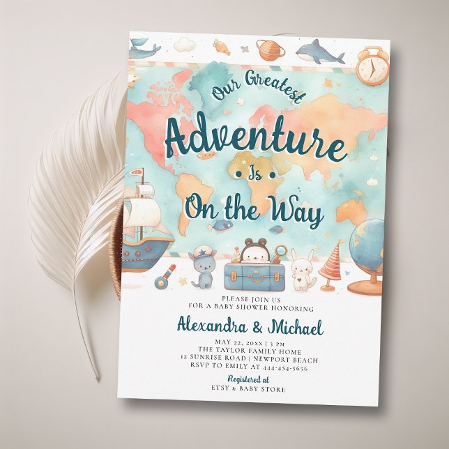 Greatest Adventure Map Couples Boy Baby Shower Invitation (adventure boy baby shower invitation cute world map watercolor cute adorable boat animals luggage)