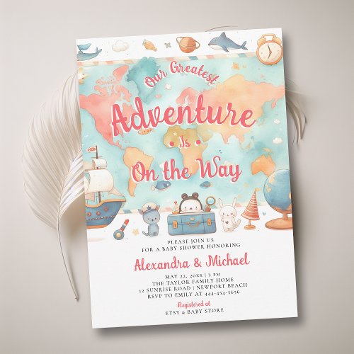 Greatest Adventure Map Couples Girl Baby Shower Invitation